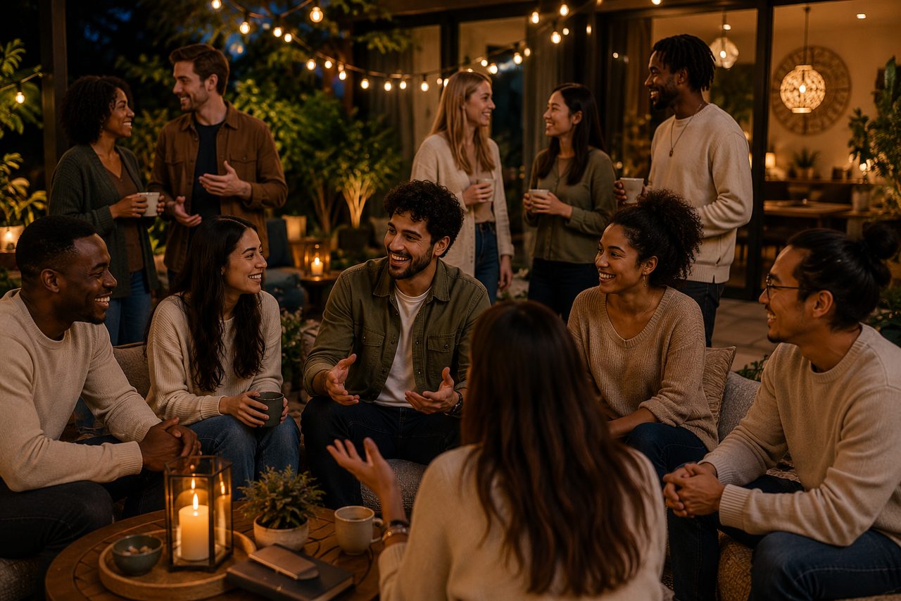 Membros da comunidade em vestes tradicionais brancas e douradas, cena íntima com iluminação de velas